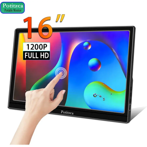 Potitzca Moniteur portable à écran tactile Full HD IPS, 16 pouces, 1920x1200 px, 16:10, USB Type-C, port