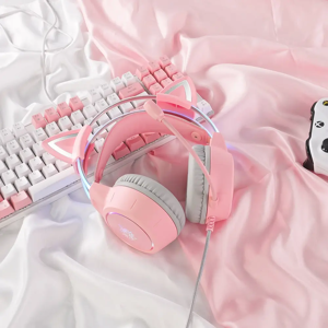 ONIKUMA casque de jeu oreilles de chat amovibles roses casque filaire Gamer avec lumière rvb