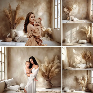 MOCSICKA Photographie arrière-plan bébé spectacle maternité Boho marron intérieur mur toile de fond Pampas