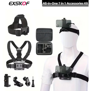 EXSKOF Ensemble d'accessoires de caméra d'action 7 en 1, sangle de tête de téléphone, support de sangle de