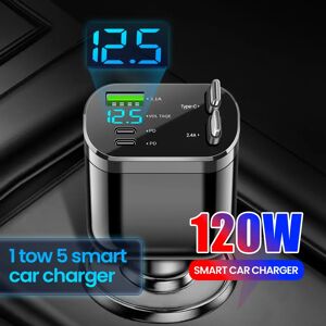 olaf Chargeur de voiture rétractable 120W 5 en 1, charge rapide PD QC3.0, avec câble de chargement rapide de Type C, adaptateur allume-cigare