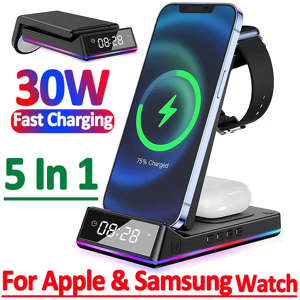 VIKEFON Support de chargeur sans fil pliable, horloge LED RVB S6, station de charge rapide, iPhone, Samsung