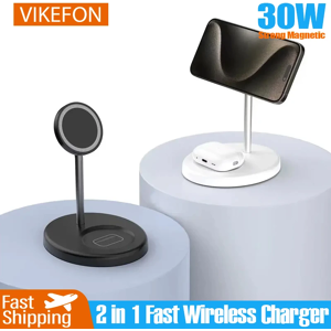 VIKEFON Support de chargeur sans fil magnétique 2 en 1, 30W amélioré, pour iPhone 15 14 13 12 Pro Max AirPod