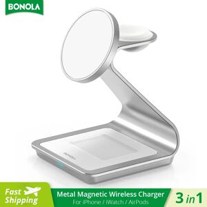 Bonola – chargeur magnétique 3 en 1, support métallique pour iPhone 13/14/15/16 Pro, charge rapide sans fil, support de bureau pour Apple Watch/AirPods