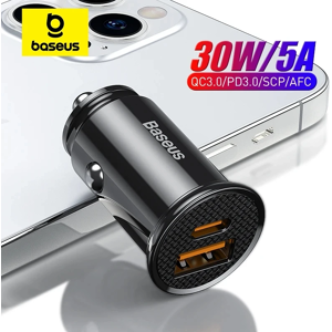 BASEUS Bas192.- Chargeur de voiture USB 30W, charge rapide 4.0 3.0 FCP SCP USB PD pour Xiaomi iPhone16 15