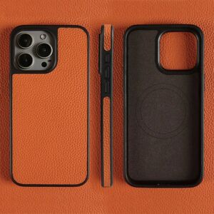 Aucun Coque de téléphone magnétique en cuir véritable, étui arrière sans fil en cuir de vache pour iPhone 16 Pro Max 15Pro 14 13pro 12 11