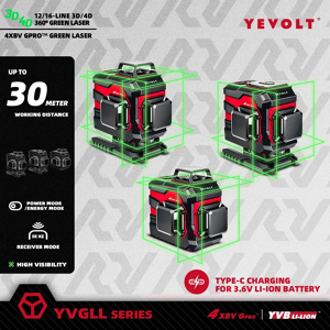 YEVOLT-Niveau laser vert série YVGLL4XS, 3/4-Plane 12/16-Line, Auto-nivellement 360 3D/4D Horizontal