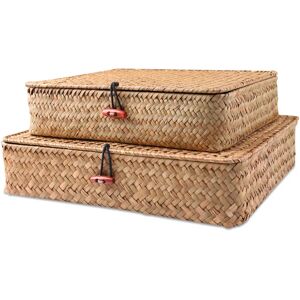Aucun Paniers en jonc de mer avec couvercle, 2 pièces, panier de rangement en osier, bacs de rangement