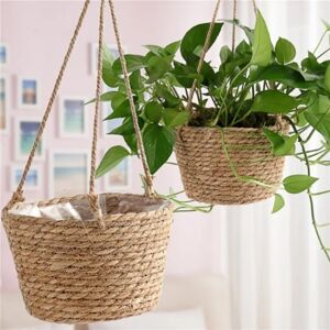 Aucun Paniers de fleurs suspendus tissés en herbe, plantes vertes suspendues, panier de fleurs en pot, Pots de fleurs suspendus en queue de chat