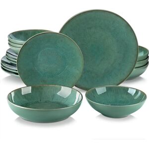 MALACASA Vancasso KARST 16/32/48 pièces ensemble de vaisselle en grès gaufré vert avec dîner/assiette à dessert/bol à soupe/tasse Service pour 4/8/12