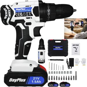 Aucun DayPlus Ensemble de visseuse électrique sans fil, 2 vitesses de transmission, 25 + 1 couple, avec lumière LED, batterie Li - ion 21v et chargeur rapide, mandrin sans clé de 3 / 8 pouce avec foret
