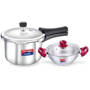 Prestige Popular Induction Compatible Pressure Cooker and Platina Popular Kadai with Glass Lid