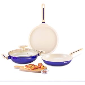 Wonderchef Bellagio Cermaic Non-Stick 4 Pieces Cookware Set with Kadhai with Lid, Fry Pan, Dosa Tawa, Soft and Cool Touch Handle (Blue)