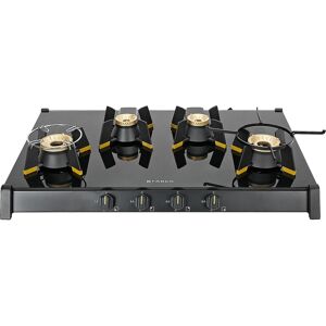 Faber Genius 4 Brass Burner Cooktop with Auto Ignition, Black Matt Finish, Black Cast Iron Pan Support, Imported Brass Valves (Black)