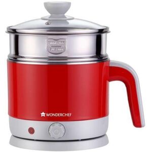 Wonderchef Crimson Edge Multicook Stainless Steel 1.2 Litres Electric Kettle with Power On and Ready Indicator, Egg Boiler, Glass Lid (Red)