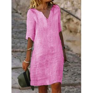 JustFashionNow Women's 3/4 Sleeve Summer Gray Striped V Neck Daily Going Out Casual Midi H-Line Shift Dress - Deep Pink - Size: XXL