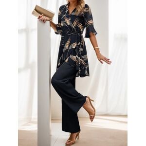 JustFashionNow Women's Floral Printed Two Piece Sets Black Summer Bell Sleeves V Neck 2 Piece Sets - Black - Size: XXL