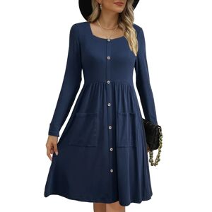 JustFashionNow Women's Long Sleeve Summer Deep Blue Plain Square Neck Daily Going Out Casual Knee Length A-Line Dress - Deep Blue - Size: XXL
