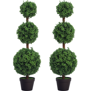 Homcom Set di 2 alberi artificiali 101,6 cm 3 boules di bosso topiario pianta finta verde PE con vaso interno ed esterno Aosom Italy