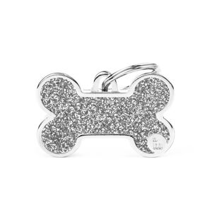 MyFamily Medaglietta Shine per Cani Personalizzabile Osso Glitter Grigio L