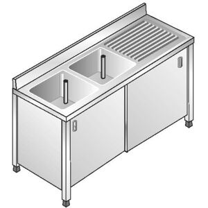 ACA Sistemi Lavello Inox Armadiato AISI 304 2 Vasche DX Sgocciolatoio SX Dim. 160x60x85 cm con Alzatina