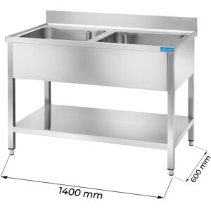 Lavello aperto in acciaio inox con 2 vasche L1400xP600xH850 mm linea premium