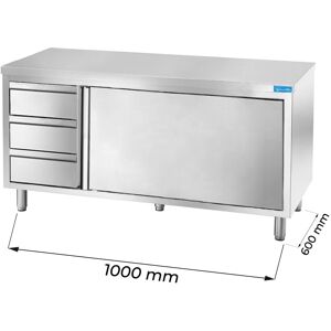 Tavolo armadiato in acciaio inox con 3 cassetti verticali a sinistra senza alzatina L1000xP600xH850 mm linea premium
