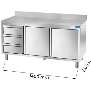 Tavolo armadiato in acciaio inox con 3 cassetti verticali a sinistra con alzatina L1400xP700xH850 mm linea premium