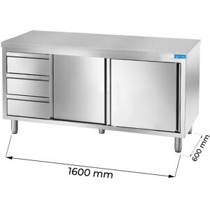 Tavolo armadiato in acciaio inox con 3 cassetti verticali a sinistra senza alzatina L1600xP600xH850 mm linea premium