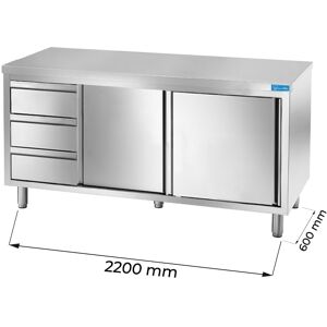 Tavolo armadiato in acciaio inox con 3 cassetti verticali a sinistra senza alzatina L2200xP600xH850 mm linea premium