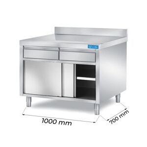 Tavolo armadiato in acciaio inox con 2 cassetti orizzontali con alzatina L1000xP700xH850 mm linea premium