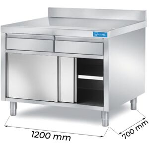 Tavolo armadiato in acciaio inox con 2 cassetti orizzontali con alzatina L1200xP700xH850 mm linea premium