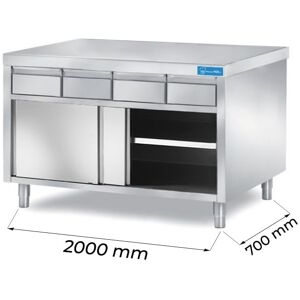 Tavolo armadiato in acciaio inox con 4 cassetti orizzontali senza alzatina L2000xP700xH850 mm linea premium