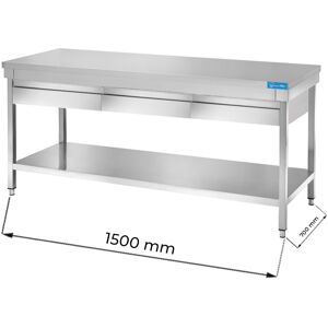 Tavolo aperto in acciaio inox con 2 cassetti orizzontali con ripiano senza alzatina L1500xP700xH850 mm linea premium