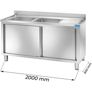 Lavello armadiato in acciaio inox con 2 vasche e gocciolatoio a destra L2000xP600xH850 mm linea basic