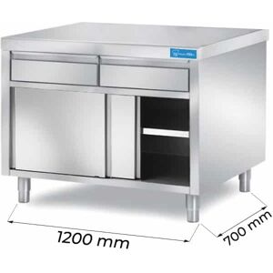Tavolo armadiato in acciaio inox con 2 cassetti orizzontali senza alzatina L1200xP700xH850 mm linea basic