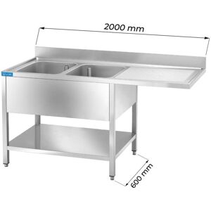 Lavello aperto in acciaio inox con vano per lavastoviglie con 2 vasche e gocciolatoio a destra L2000xP600xH850 mm linea basic
