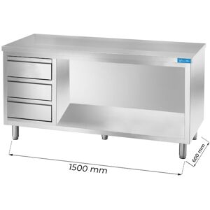 Tavolo a giorno in acciaio inox con 3 cassetti verticali a sinistra senza alzatina L1500xP600xH850 mm linea basic