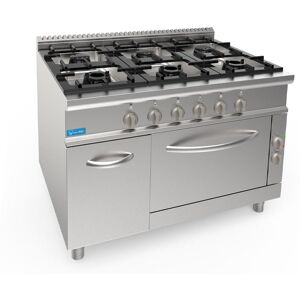 Piano cottura a gas 6 fuochi con 1 bruciatore da 3,5 kw + 2 bruciatori da 5,5 kw + 3 bruciatori da 7,4 kw su forno elettrico GN 2/1 potenza 5,48 kw