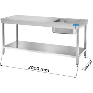 Tavolo aperto in acciaio inox con vasca a destra con ripiano senza alzatina L2000xP600xH850 mm linea basic