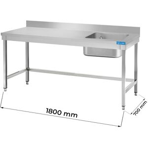 Tavolo aperto in acciaio inox con vasca a destra senza ripiano con alzatina L1800xP700xH850 mm linea premium