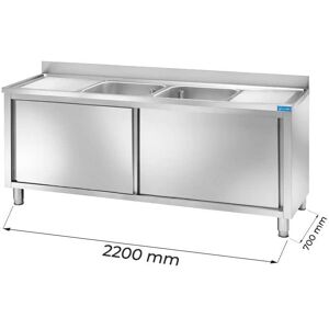 Lavello armadiato in acciaio inox con 2 vasche e gocciolatoi a sinistra e destra L2200xP700xH850 mm linea premium