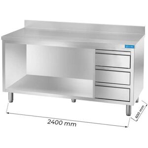 Tavolo a giorno in acciaio inox con 3 cassetti verticali a destra con alzatina L2400xP600xH850 mm linea basic