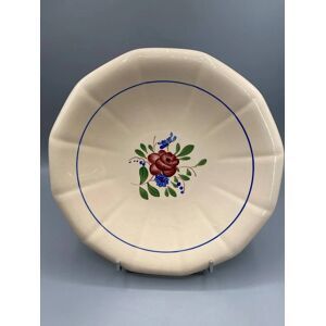 Piatto fondo vintage in terracotta con decorazione rosa dipinta a mano - Digoin Sarreguemines - anni '30-'40