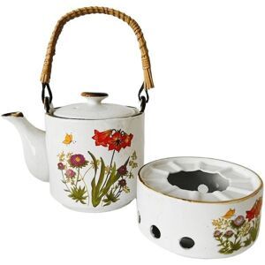 Teiera in ceramica vintage e scaldavivande con fiori selvatici, stile rustico retrò anni '70.