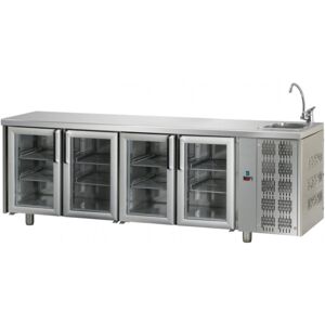 Tecnodom Tavolo Refrigerato 4 Porte GN 1/1 in Vetro con Lavello Destro Cm 232 x 70 x 115