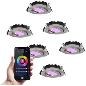 HOFTRONIC SMART Set van 6 Rome smart inbouwspots - IP44 Waterdicht - 6 Watt 480 lumen - Kantelbaar - Lage inbouwdiepte 27mm - Wifi + Bluetooth - RGBWW - Google Home, Amazon Alexa en Siri - RVS - Voor binnen en buiten