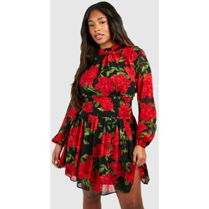 boohoo Plus Chiffon Rose Print Skater Dress, Black 16