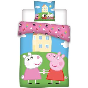 Licens Peppa Gris sengetøy - 150x210 cm - Peppa Gris og Frida Får - Sengesett med 2-i-1 design - 100% bomull