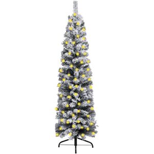 vidaXL Slankt forhåndsbelyst juletre med flokket snø grønn 150 cm PVC